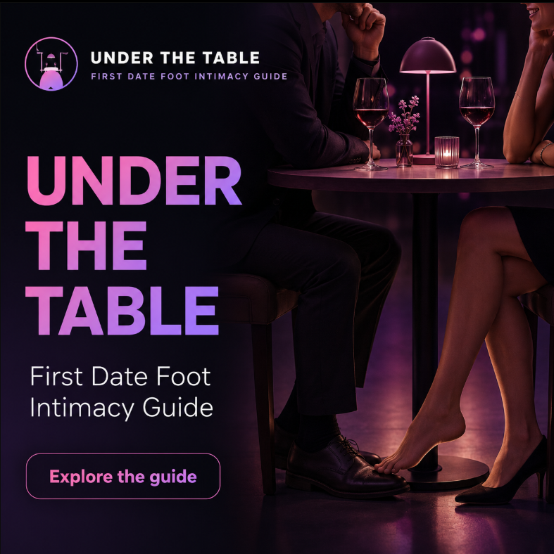 A couple sitting at a table, with the woman touching the man's shoe with her feet under the table.